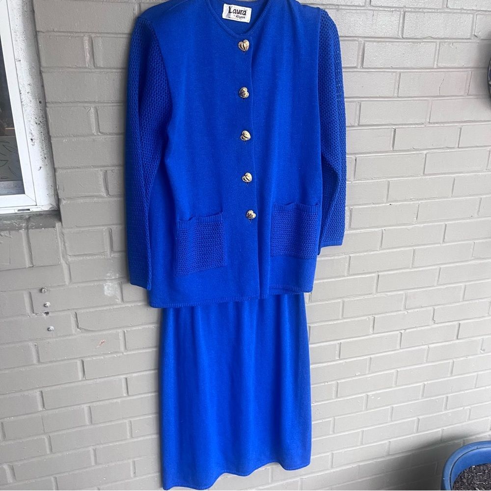 Vintage Blue Sweater Suit with Gold Heart Buttons 12 - Picture 2 of 11